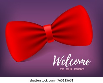 Realistic vector illustration with elegant red color bow tie with shadow and text. Traditional fashion suit or costume element. 3d design of classic bowtie for event, party invitation, card