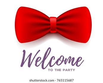 Realistic vector illustration with elegant red color bow tie with shadow and text on white background. Traditional fashion suit or costume element for event card, party invitation. 3d design of bowtie