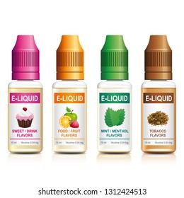 Realistic Vector Illustration Of E-liquid For Vaping. Flavored E Liquid For Electronic Cigarette