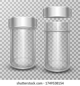 Realistic vector Illustration of empty glass jars with metal caps, isolated on transparent background. Clear can with silver lid. Packing for sugar, salt, pepper, spices and loose products for kitchen