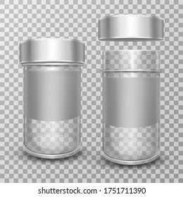 Realistic vector illustration of empty glass jars with open and closed metal caps, isolated on transparent background. Can with silver lid. Containers for sugar, salt, pepper or spices for kitchen