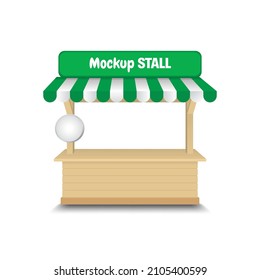 Realistic vector illustration of empty market stall with green and white striped marquee isolated on white background. Wooden counter mockup with canopy and neon sign.