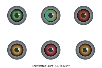Realistic vector illustration of the eye On a white background. Multicolored iris circle. Realistic multi colored eyeball iris pupils set
