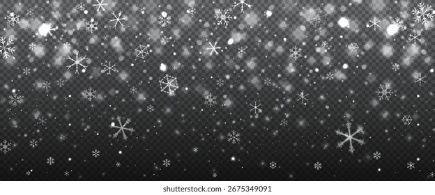Ilustración vectorial realista de la caída de copos de nieve con efecto de luz bokeh sobre fondo transparente. Vacaciones de invierno y superposición de Navidades para decoración, textura, póster, cubierta o festivo