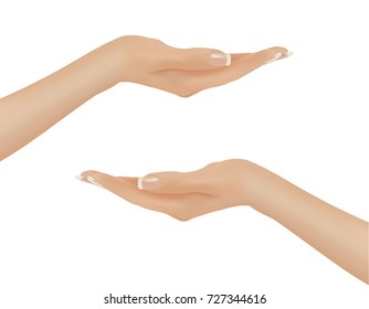 Realistic vector illustration. Female hands isolated on white. Beauty and care concept. Hands for holding . EPS10.