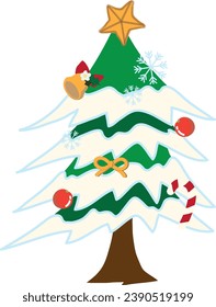 Realistic vector illustration of fir tree in snow of decorated christmas tree with golden star, bell, snowflake, balls and candy cane. Green fluffy pine, Snow Covered Christmas Tree  