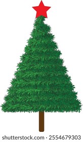 Realistic vector illustration of a fir tree for Christmas celebration needs, with a red star on top, brown wooden trunk