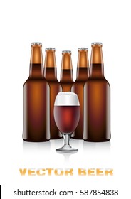 Realistic vector illustration of five dark beer bottles and glass