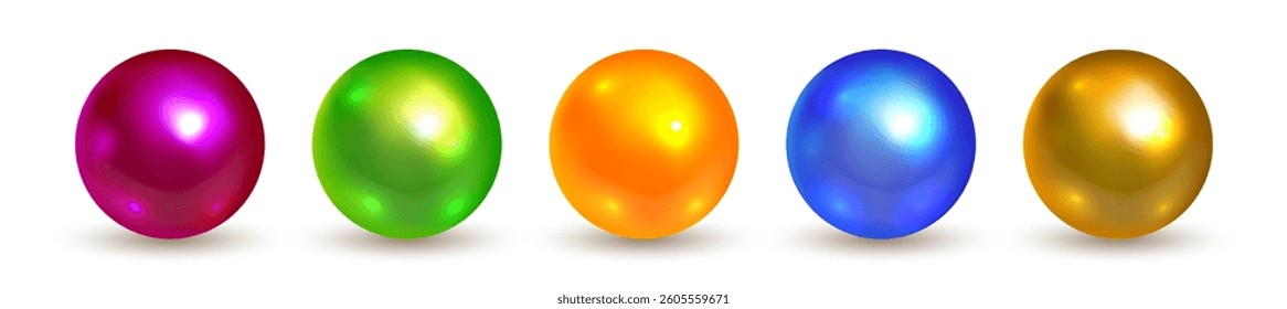 Realistic vector illustration of five glossy Christmas baubles in vibrant red, green, orange, blue, and gold. Shiny reflections, soft shadows, and clean white background for festive design use