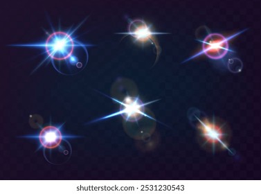 Realistic vector illustration flares, glowing effects. Sunbeams, sunlight glare effects, sun rays light.