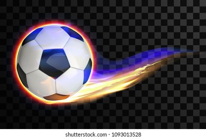 Realistic vector illustration. Flying burning soccer or football ball on transparent background. Glowing fireball on the speed in flame. 