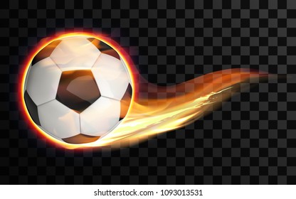 Realistic vector illustration. Flying burning soccer or football ball on transparent background. Glowing fireball on the speed in flame. 