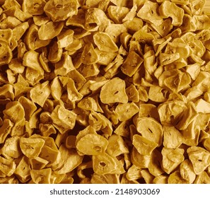 Realistic vector illustration of fragrant dry garlic flakes. Background, close-up, top view.
