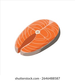 A realistic vector illustration of a fresh, raw salmon steak with visible marbling and a central bone, displayed on a clean white background.

