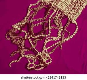 Realistic vector illustration fringes of a warm beige woolen scarf on a lilac-burgundy background
