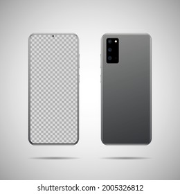 Realistic vector illustration. Front and back side smartphone with transparent screen. Mock-up screen smartphone with blank screen for your design.