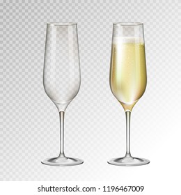 Realistic vector illustration of full and empty champagne glass isolated on transperent background