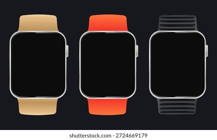 realistic vector illustration of generic smartwatches with blank screens with straps isolated on dark background wearable technology concept interface mockup design