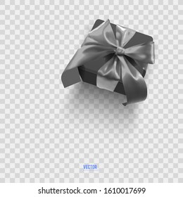 Realistic vector illustration of a gift box with a gray ribbon and a bow on a transparent background. 3D black box tied with gray festive ribbon.