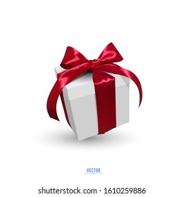 Realistic vector illustration of a gift box with a red ribbon and a bow on a white background. 3D white box tied with red festive ribbon.
