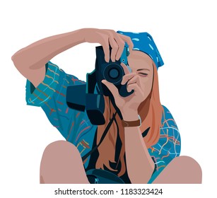 Realistic vector illustration  of a girl who takes pictures on white background