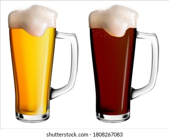 
Realistic vector illustration of glass mugs with light and dark beer. Holiday Oktoberfest.