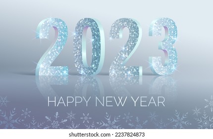 Realistic vector illustration with glitter silver 3D numbers 2023. Happy New Year greeting card