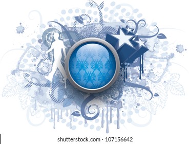 Realistic vector illustration of a glossy, blue, metal-framed, retro-wallpaper-patterned button, with spirals, paint splatters, zooming 3D stars, and other miscellaneous elements in the background.