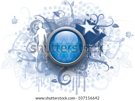 Realistic vector illustration of a glossy, blue, metal-framed, retro-wallpaper-patterned button, with spirals, paint splatters, zooming 3D stars, and other miscellaneous elements in the background.