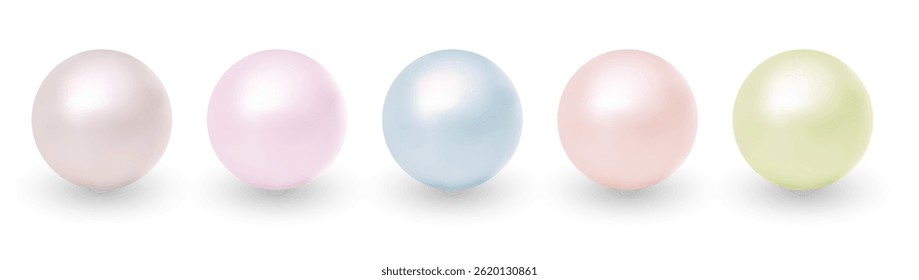 Ilustração vetorial realista de pérolas pastel brilhantes em tons suaves, ideal para moda, marca de beleza, embalagem de cosméticos e materiais promocionais elegantes