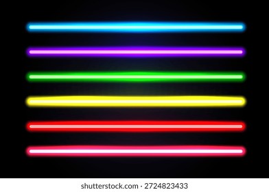 Ilustração vetorial realista de lâmpadas ultravioleta de néon brilhante em diferentes tons de cor, representando estilo de moda moderna e design luminoso moderno perfeito para a vida noturna, decoração e