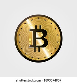 Realistic vector illustration of golden bitcoin coin. Web money. Virtual currency. Golden coin bitcoin symbol isolated on white background.  
