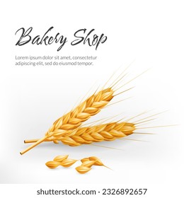 Realistic vector illustration of a golden ear of wheat for bakery shops. Represents agriculture, autumn harvest, and fresh ingredients. Perfect for banners, small business, bread production templates