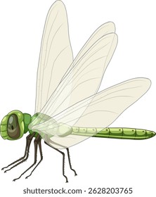 Ilustração vetorial realista de uma libélula verde com asas transparentes, apresentando detalhes intrincados e cores vibrantes