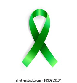 Realistic vector illustration of green ribbon awareness symbol. Organ donation, liver cancer, mental health and other illness prevention sign