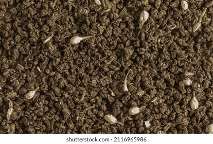Realistic vector illustration of green tea background with jasmine flowers and buds. Texture of dry green tea.
