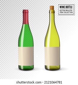 Realistic vector illustration of green wine bottle Isolated on transparent background. Front view of the wine bottle with label.