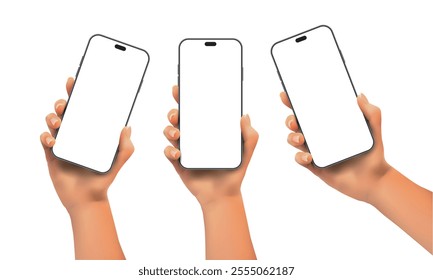 Realistic vector illustration of hands holding smartphones on a transparent background. Blank screens can be used for showcasing apps, graphic designs, or advertisements.