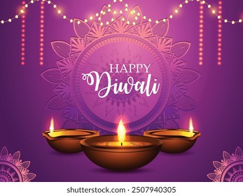 Ilustración vectorial realista de la tarjeta de felicitación feliz del festival del diwali