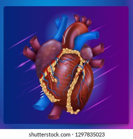Realistic Vector Illustration Human Healthy Heart. Image Projection Anatomy Heart. Poster for Detailed Study Structure Cardiovascular System Organism. Isolated on Purple Background