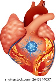 Realistic vector illustration of a human heart with vibrant colors and intricate anatomical details, highlighting veins and arteries