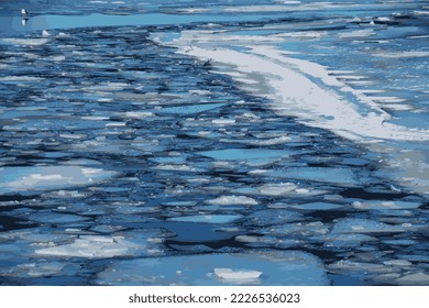 Realistische Vektorgrafik einer eisigen Flussoberfläche. Textur des schneebedeckten Eises. Winterhintergrund.
