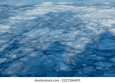 Realistic vector illustration of an icy river surface. Texture of ice covered with snow. Winter background.
