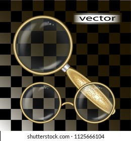 Realistic vector illustration isolated on a transparent background, magnifying glass and monocle, pince-nez glasses, gold vintage retro style.