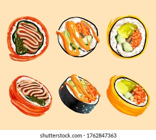 Realistic vector illustration of korean food kimbap rice rolls with various fillings, bacon, carrots, cucumber, egg omelette, seaweed, spicy kimchi