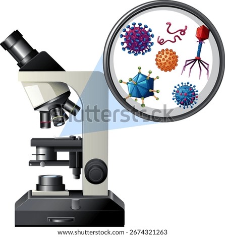 Realistic vector illustration of a laboratory microscope magnifying viruses and microorganisms in a scientific setting.