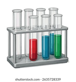 Ilustração de vetor realista de um rack de tubo de teste de laboratório - tubos de vidro com líquidos coloridos