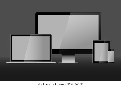 Realistic vector illustration of laptop, desktop computer, tablet and smart phone on grey background