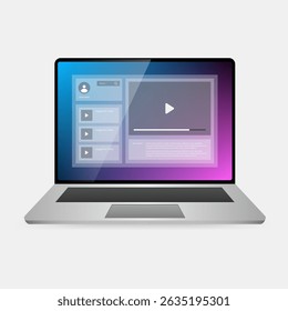 Ilustração vetorial realista de um laptop exibindo uma interface de player de vídeo na tela