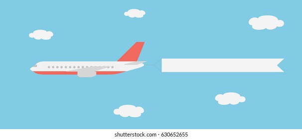 Realistic vector illustration of a large and fast line aircraft with a banner flying between clouds on a blue sky - suitable for advertising